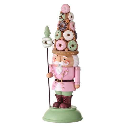 Viv! Christmas Weihnachtsfigur - Nussknacker mit Donuthut und Stab - Pastell - rosa grün - 38cm