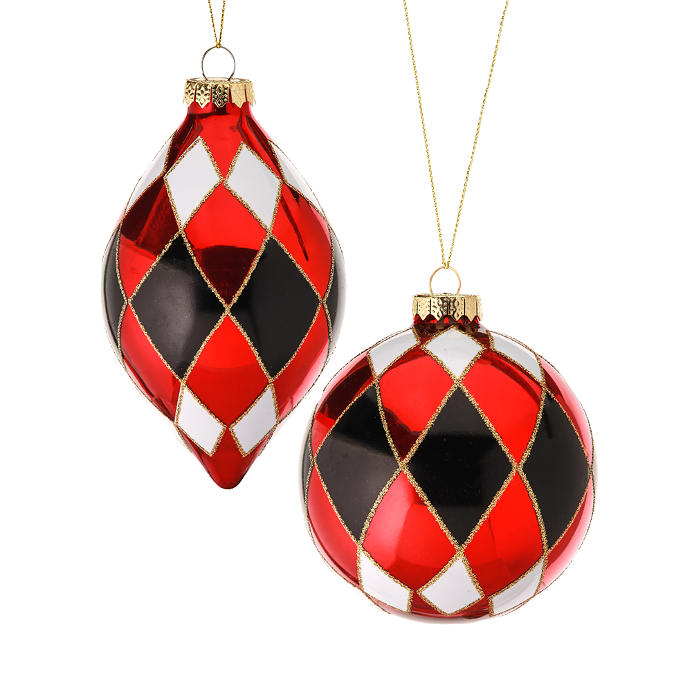 Viv! Christmas Weihnachtskugel - Harlekin - Set von 2 - Glas - rot schwarz weiß - 10 & 13cm