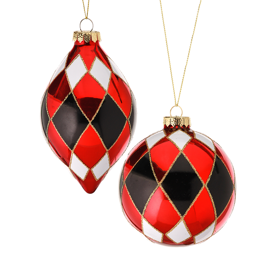 Viv! Christmas Weihnachtskugel - Harlekin - Set von 2 - Glas - rot schwarz weiß - 10 & 13cm