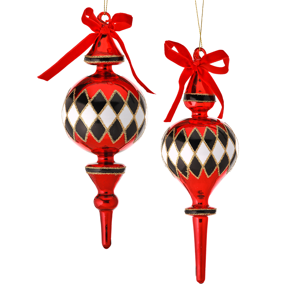 Viv! Christmas Bauble - Harlequin - set of 2 - glass - red black white - 20 and 23cm