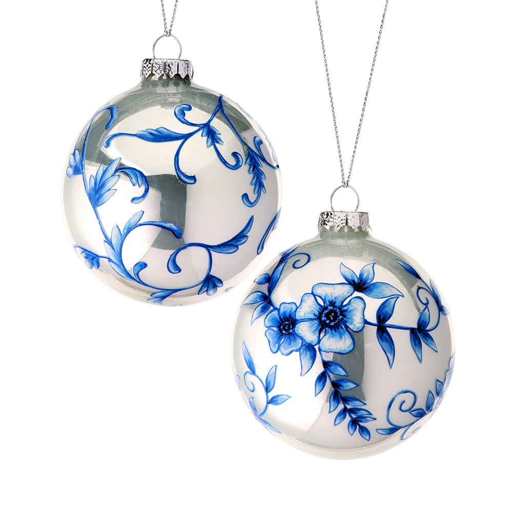 Viv! Christmas Bauble - Delft Blue Flowers - set of 2 - glass - blue white - Ø10cm