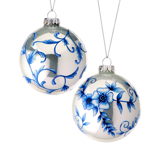 Viv! Christmas Kerstbal - Delftsblauwe Bloemen - set van 2 - glas - blauw wit - Ø10cm