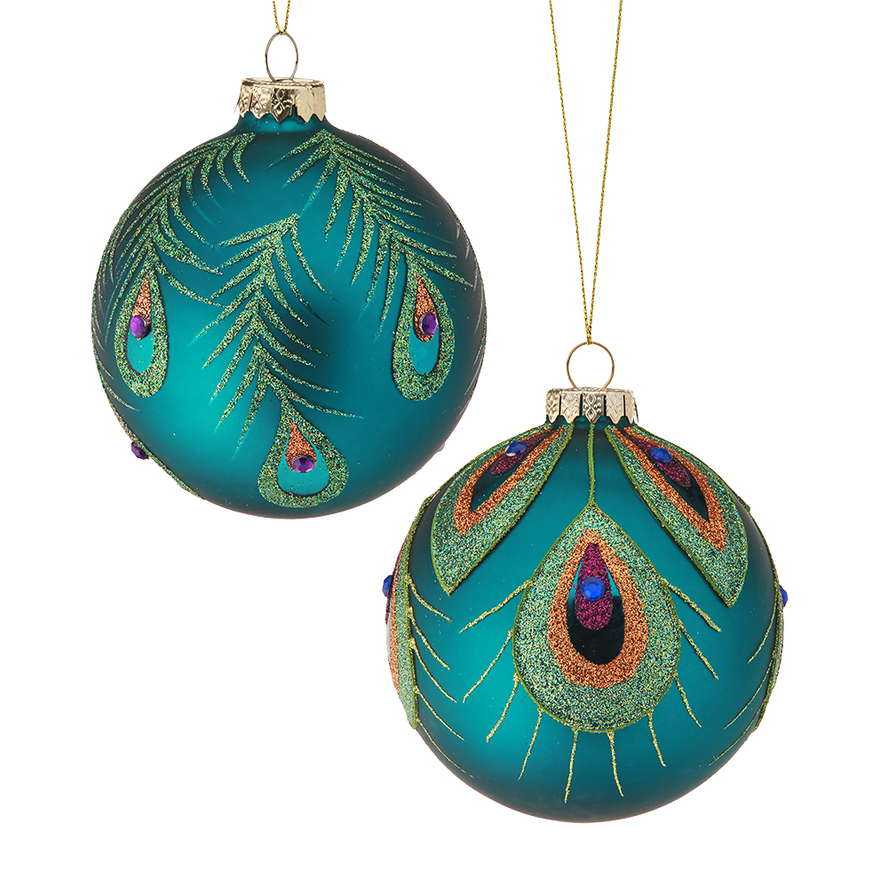 Viv! Christmas Bauble - Peacock feather - set of 2 - glass - green blue - Ø10cm