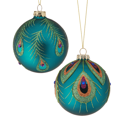 Viv! Christmas Bauble - Peacock feather - set of 2 - glass - green blue - Ø10cm