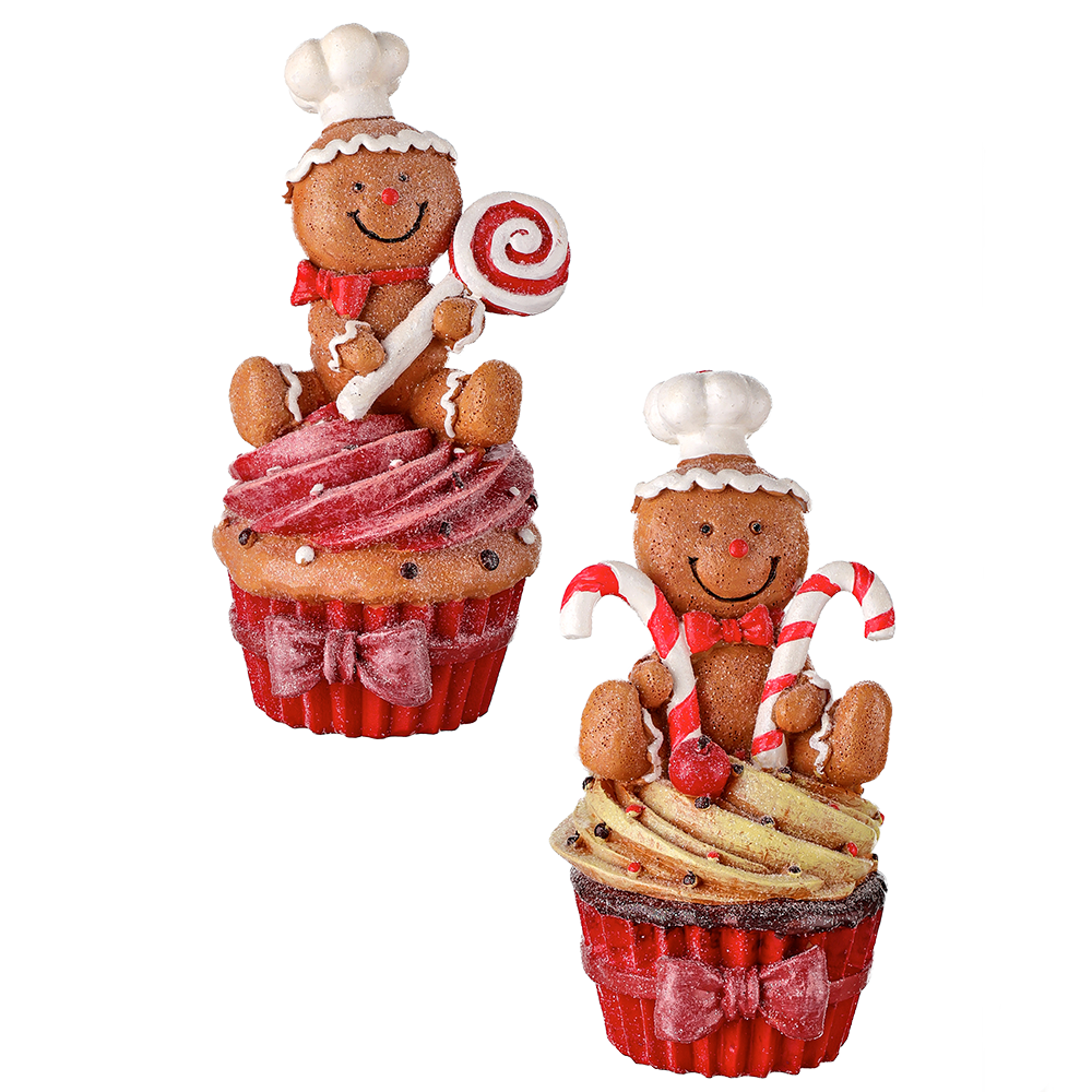 Viv! Christmas Kerstbeeld - Gingerbread Mannetjes Snoep Cupcakes - set van 2 - rood wit - 14cm