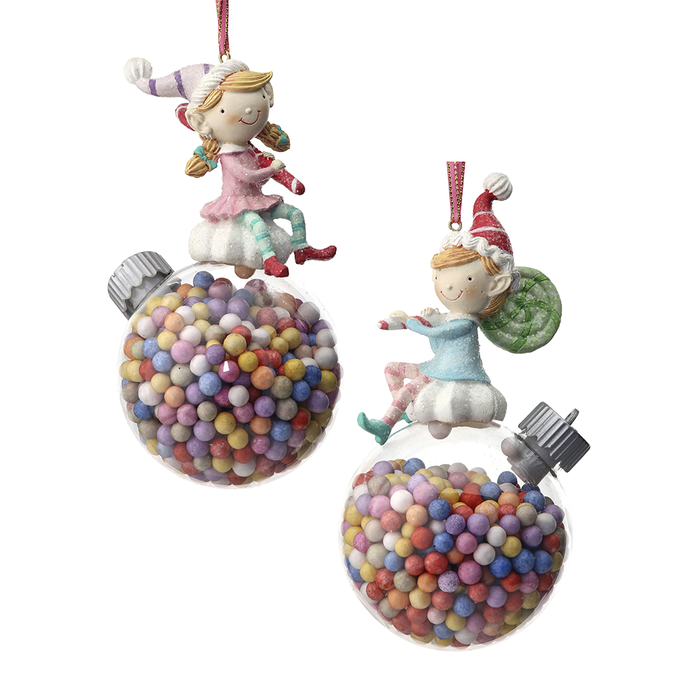 Viv! Christmas Bauble - Candy Elves on Ball - Set of 2 - Pastel - 17cm