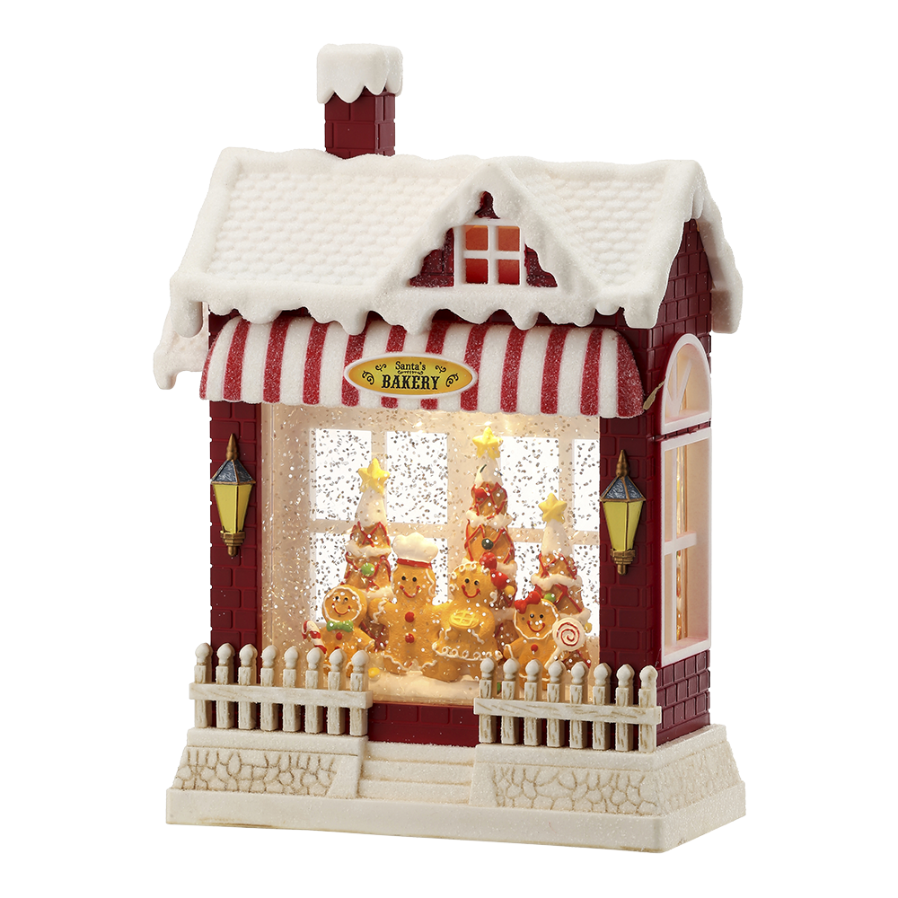 Viv! Christmas Snow Globe incl. LED - 'Santa's Bakery' Gingerbread Shop - automatic - red white - 25cm