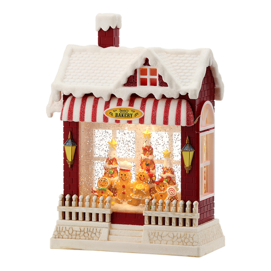 Viv! Christmas Snow Globe incl. LED - 'Santa's Bakery' Gingerbread Shop - automatic - red white - 25cm