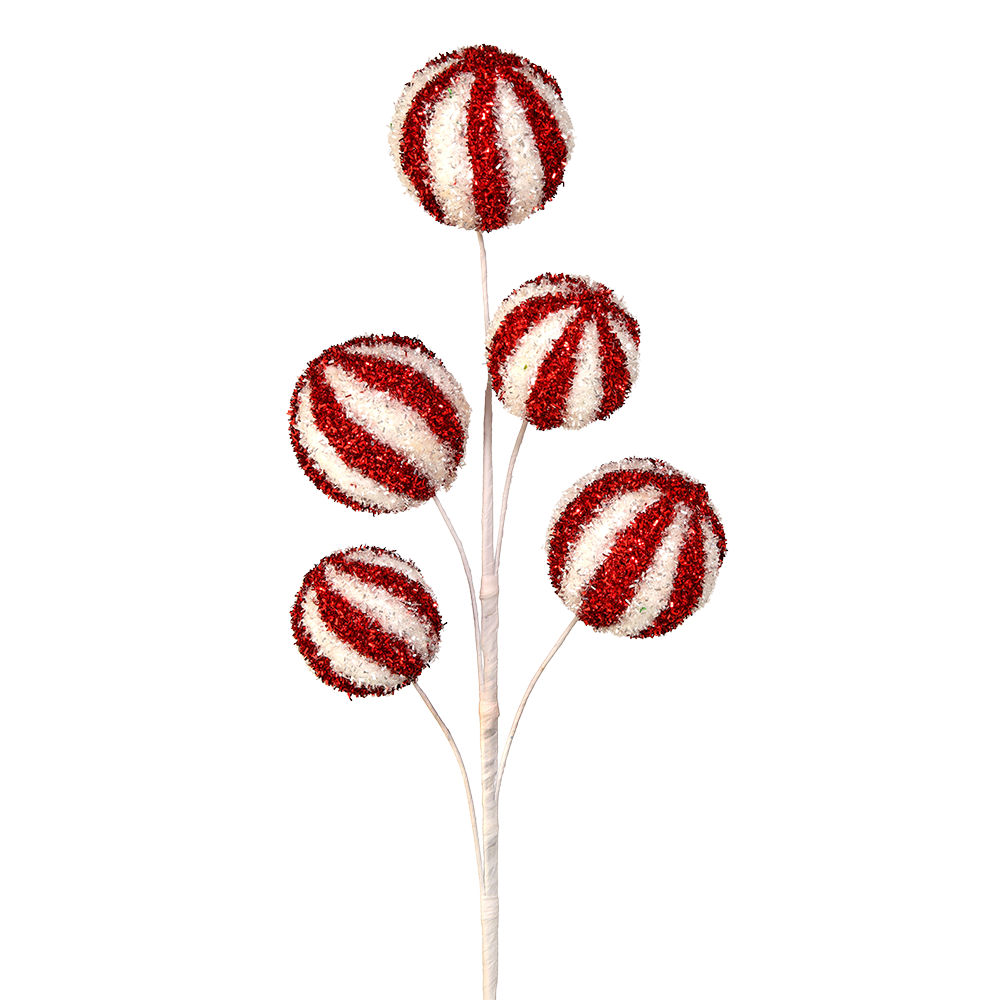 Viv! Christmas Decorative Spray - Sparkling Peppermint Swirl Balls - red white - 71cm