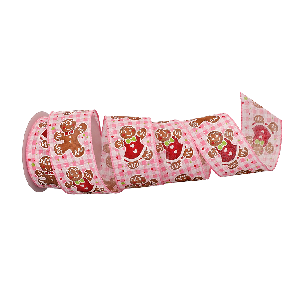 Viv! Christmas Wired Ribbon - Pink Checkered with Gingerbread - pink - 6.35cm x 9.1m