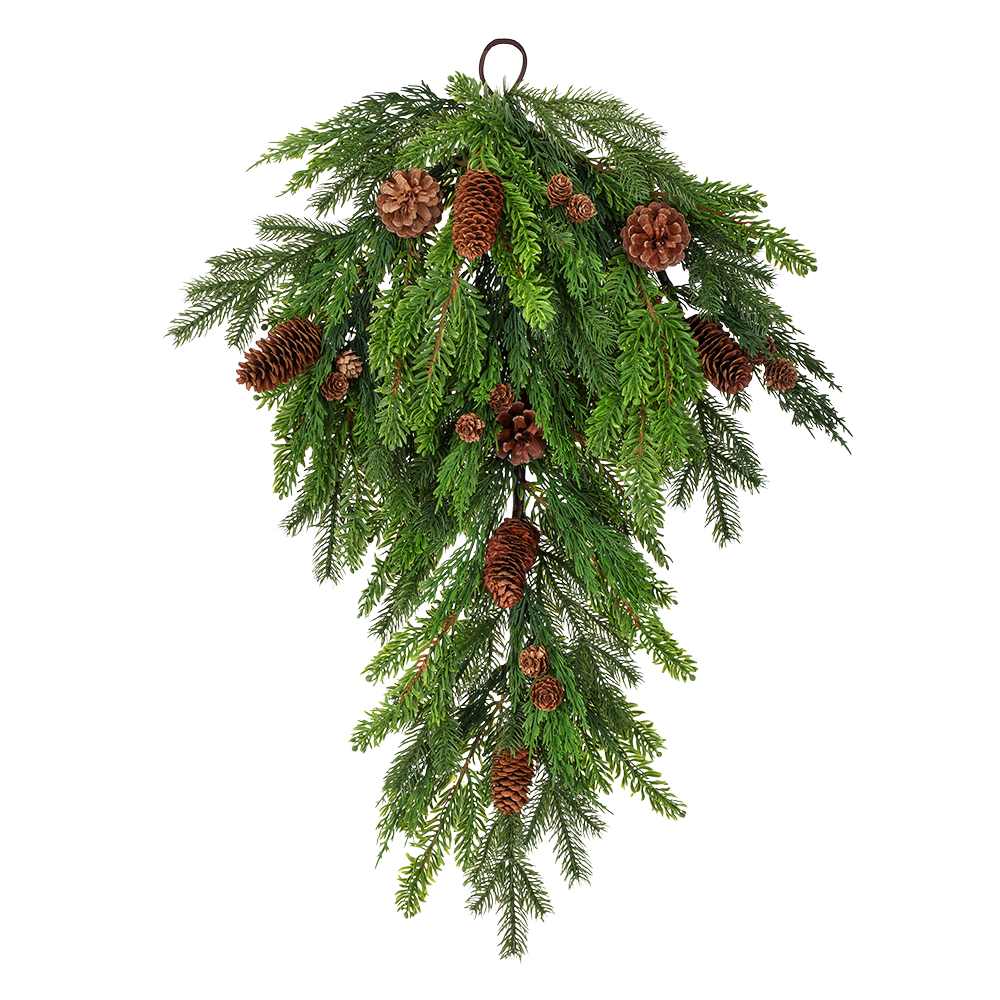 Viv! Christmas Artificial Teardrop Christmas Wreath - Cedar Pine Branches with Pine Cones - Green - 74cm