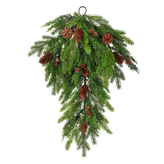 Viv! Christmas Artificial Teardrop Christmas Wreath - Cedar Pine Branches with Pine Cones - Green - 74cm