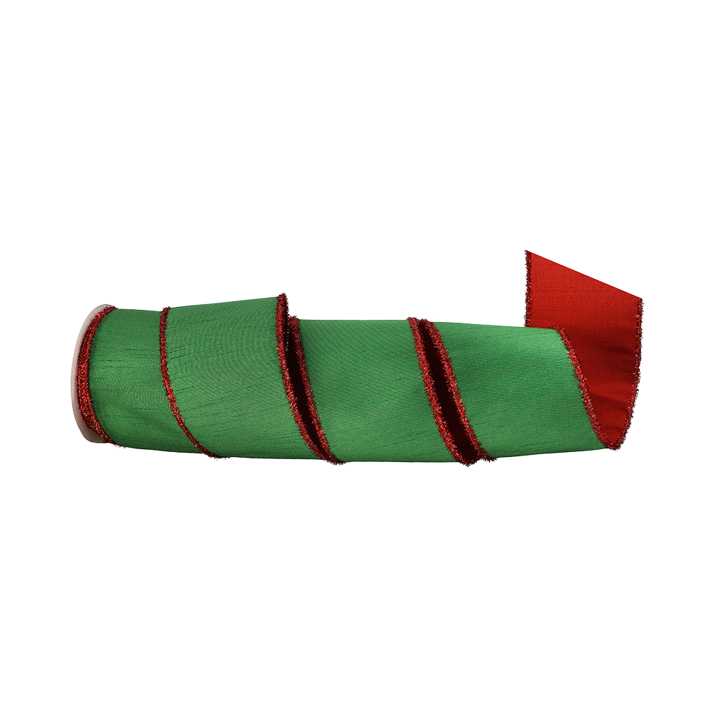 Viv! Christmas Cinta Alambrada de Navidad - Dupion Doble Cara con Borde Metálico - verde rojo - 10cm x 9,1m
