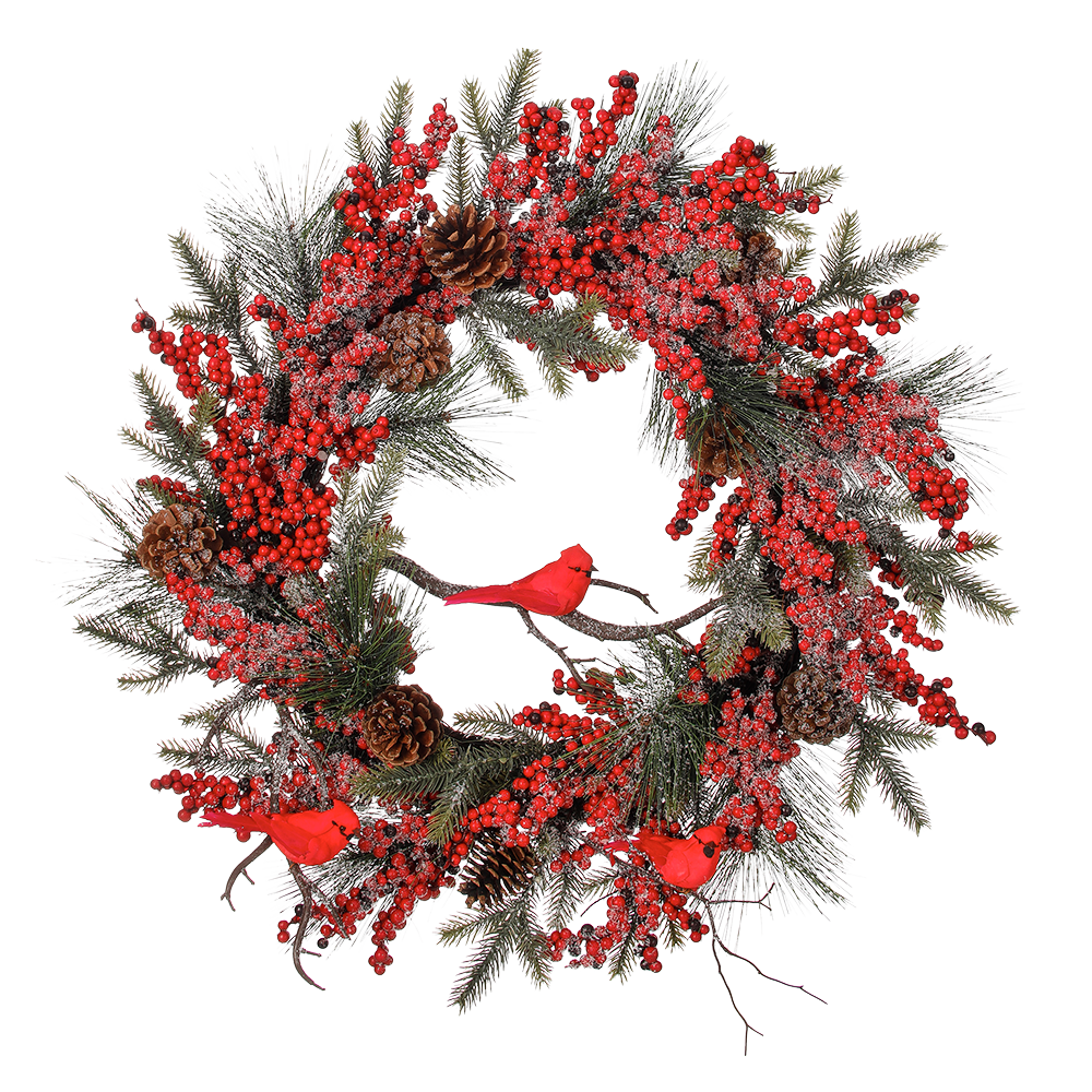 Viv! Christmas Artificial Christmas Wreath - Snowy Berries with Cardinals Birds and Pine Cones - red green - Ø60cm