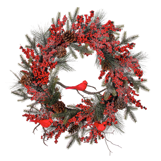 Viv! Christmas Artificial Christmas Wreath - Snowy Berries with Cardinals Birds and Pine Cones - red green - Ø60cm