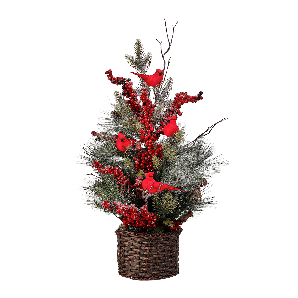 Viv! Christmas Artificial Christmas Tree in Pot - Snowy Berries with Cardinals Birds - 61cm