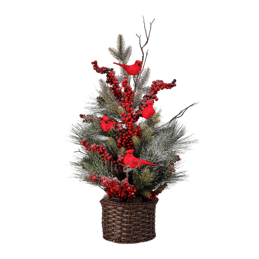 Viv! Christmas Artificial Christmas Tree in Pot - Snowy Berries with Cardinals Birds - 61cm