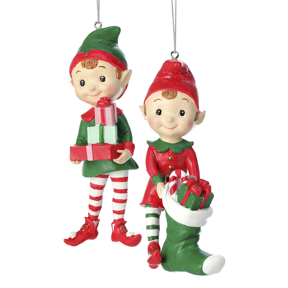 Viv! Christmas Ornament - Elves with Christmas Stocking and Presents - Set of 2 - Red White Green - 13cm