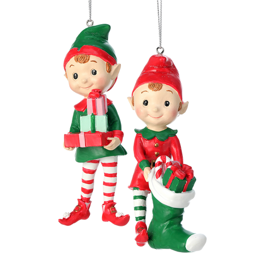 Viv! Christmas Ornament - Elves with Christmas Stocking and Presents - Set of 2 - Red White Green - 13cm