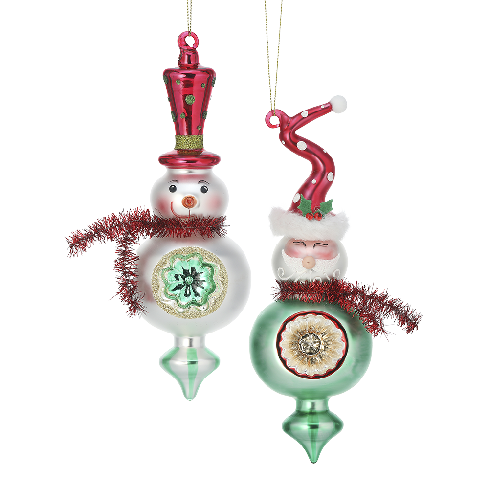 Viv! Christmas Kerstornament - Kerstman en Sneeuwpop Vintage Glas Reflector - set van 2 - glas - rood groen wit - 21,5cm