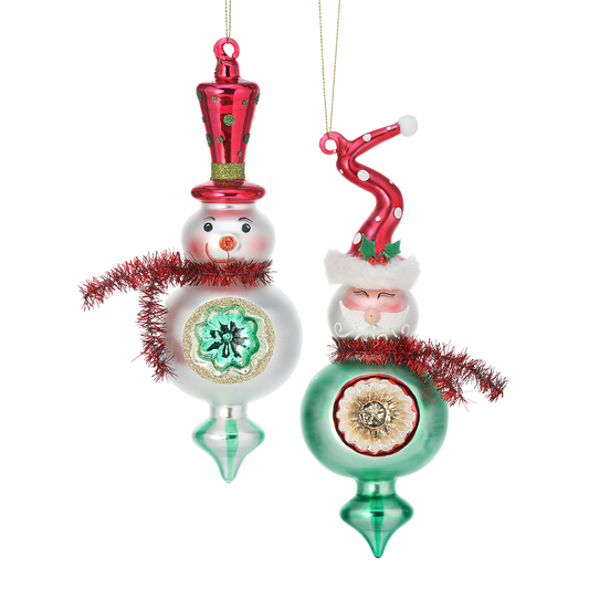 Viv! Christmas Ornament - Santa Claus and Snowman Vintage Glass Reflector - set of 2 - glass - red green white - 21.5cm