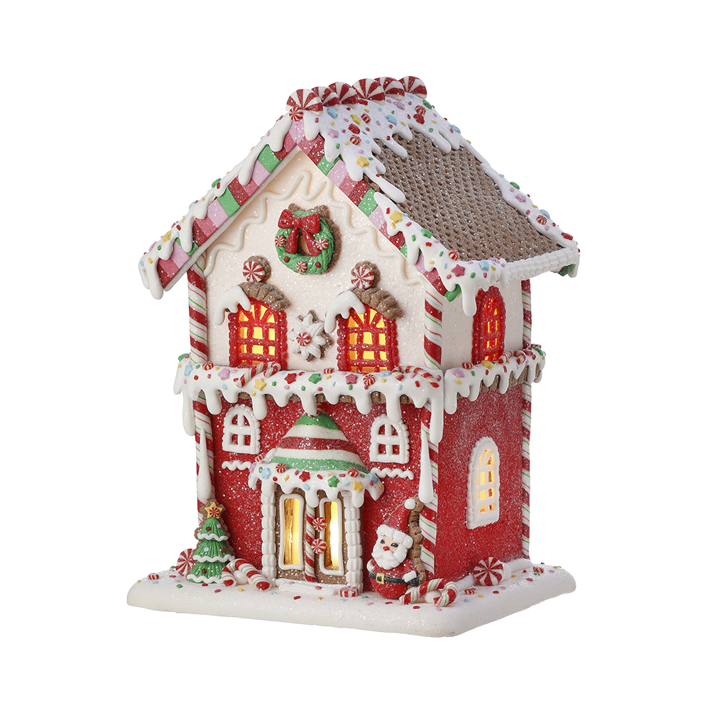 Viv! Christmas Tabletop Figure - Gingerbread House Clay Santa incl. LED Lighting - red white - 30cm