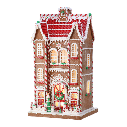 Viv! Christmas Weihnachtsfigur - XL Lebkuchen Tudor Haus mit Süßigkeiten inkl. LED Beleuchtung - rot weiß braun - 61cm