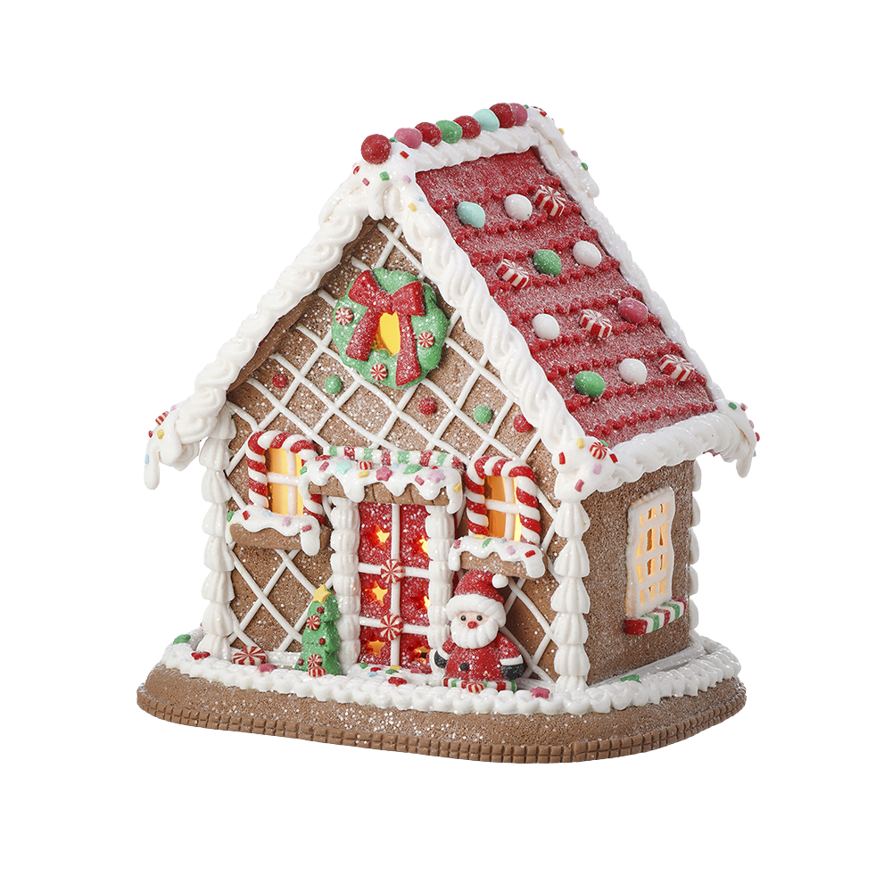 Viv! Weihnachtsstatue - Lebkuchenhaus Weihnachtsmann aus Ton inkl. LED-Beleuchtung - braun rot - 22cm