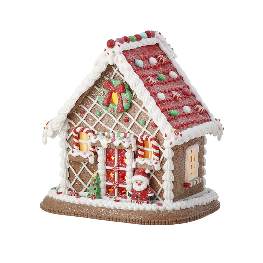 Viv! Weihnachtsstatue - Lebkuchenhaus Weihnachtsmann aus Ton inkl. LED-Beleuchtung - braun rot - 22cm