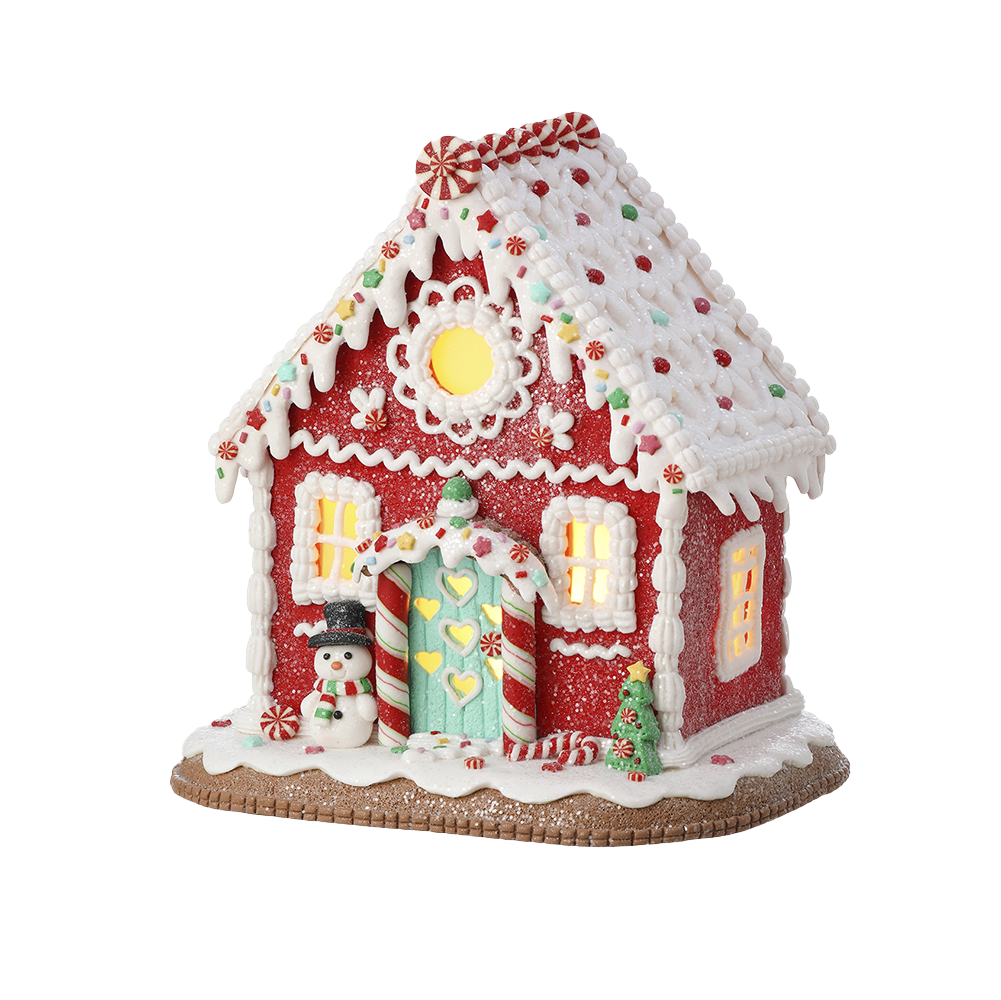 Viv! Christmas Kerstbeeld - Gingerbread Huis Sneeuwpop van Klei incl. LED Verlichting - rood wit - 22cm