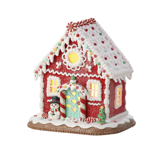 Viv! Christmas Kerstbeeld - Gingerbread Huis Sneeuwpop van Klei incl. LED Verlichting - rood wit - 22cm