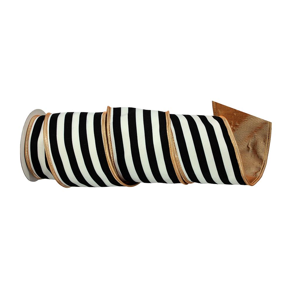 Viv! Christmas Wired Ribbon - Cotton with Lamé Stripes - black white gold - 10cm x 4.6m
