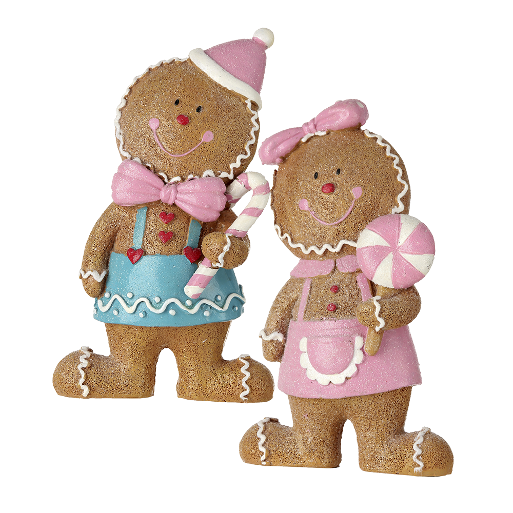 Viv! Weihnachtsstatue – Lebkuchenjunge und -mädchen mit Süßigkeiten – 2er-Set – Pastell – Rosa-Blau – 16,5 cm