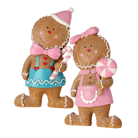 Viv! Christmas Weihnachtsfigur - Lebkuchen Junge und Mädchen mit Süßigkeiten - Set von 2 - Pastell - rosa blau - 16,5cm