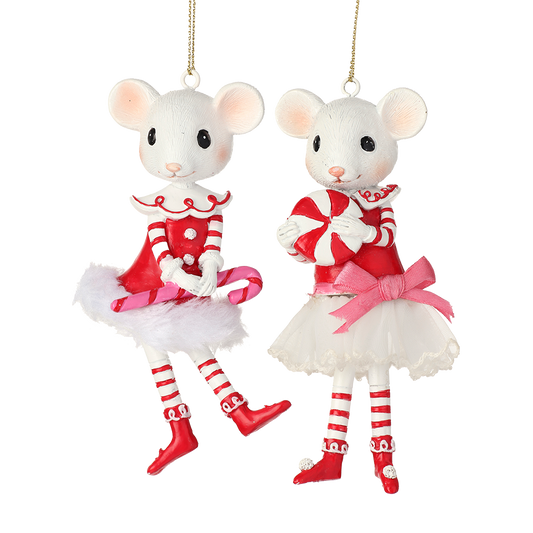 Viv! Christmas Kerstornament - Muis met Snoepjes - set van 2 - roze rood wit - 13cm