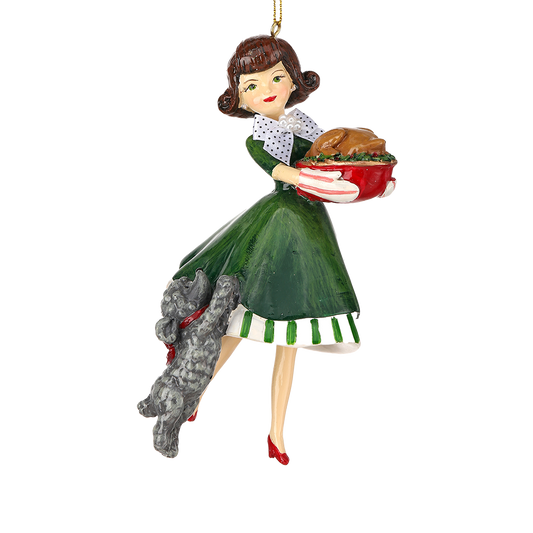 Viv! Christmas Ornament - Retro Housewife with Turkey and Poodle - green gray - 15cm