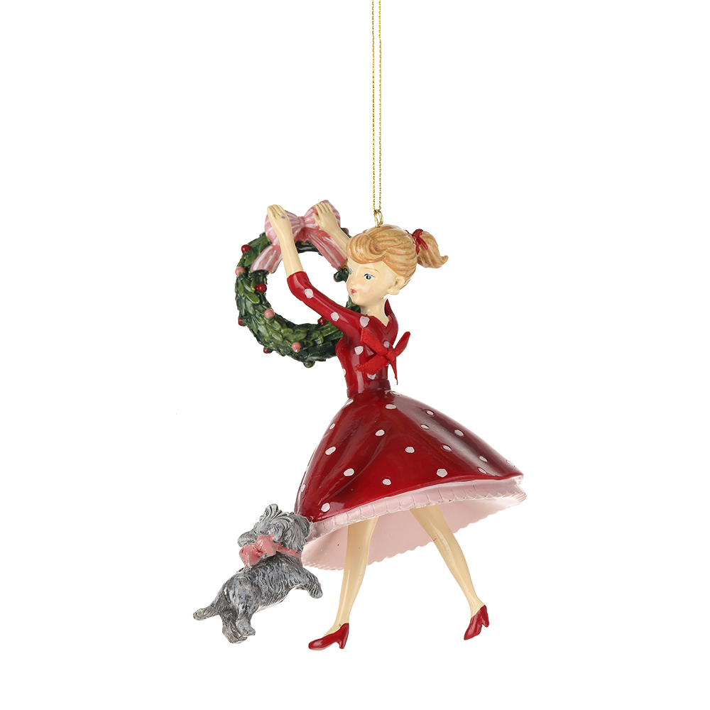 Viv! Christmas Ornament - Decorating Retro Lady with Dog - Red - 18cm