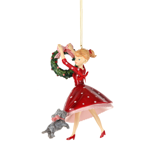 Viv! Christmas Ornament - Decorating Retro Lady with Dog - Red - 18cm