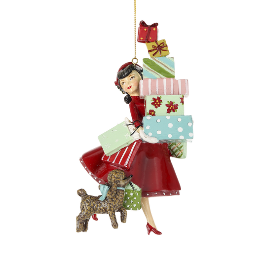 Viv! Christmas Ornament - Retro Shopping Girl with Poodle - Red - 18cm