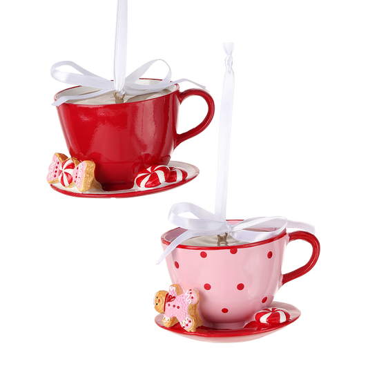 Viv! Christmas Ornament / Tabletop Figurine - Hot Chocolate Cups with Sweets - Set of 2 - Pink Red - 10cm