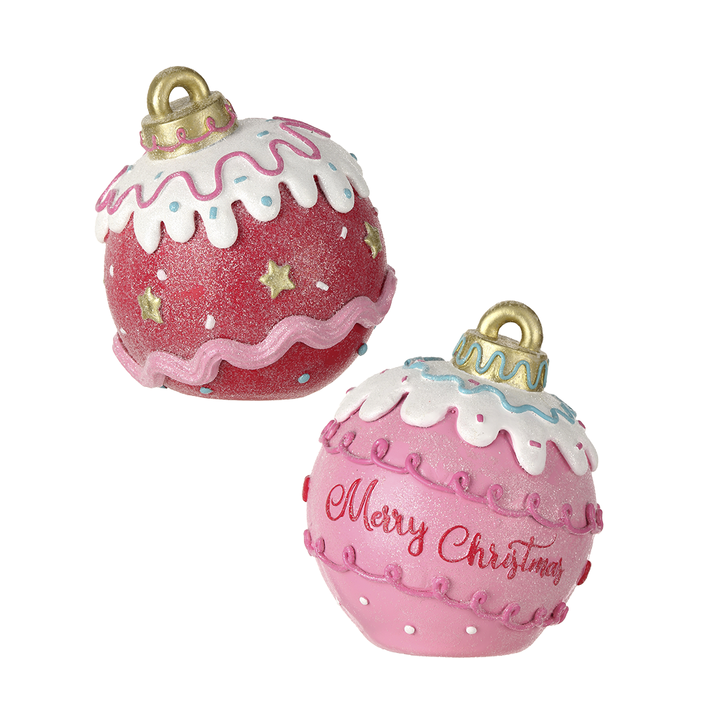 Viv! Christmas Kerstbeeld - 'Merry Christmas' Snoepgoed Kerstballen - set van 2 - roze rood wit - 16.5cm