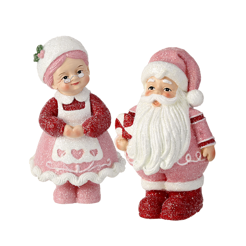 Viv! Christmas Kerstbeeld - Mr. and Mrs. Santa Claus met Snoepgoed - set van 2 - roze wit rood - 15cm