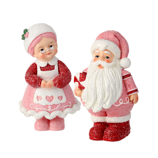 Viv! Weihnachtsstatue - Mr. und Frau Weihnachtsmann mit Süßigkeiten – 2er-Set – rosa weiß rot – 15 cm