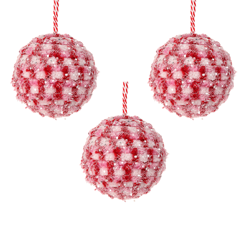 Viv! Christmas Bauble - Candy with Glitter - set of 3 - pink red - Ø10cm