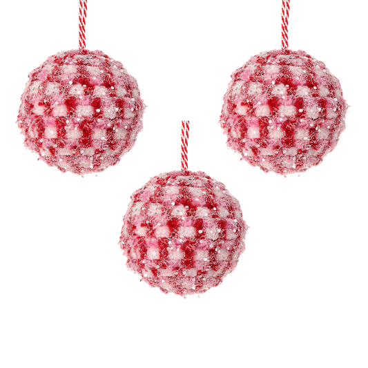 Viv! Christmas Bauble - Candy with Glitter - set of 3 - pink red - Ø10cm