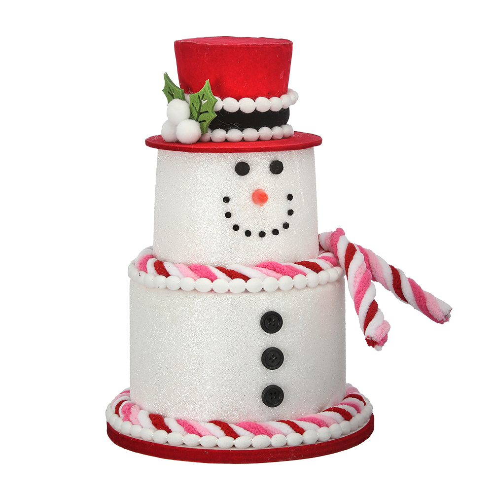 Viv! Christmas Kerstbeeld - Sneeuwpop Taart van Foam met Glitters - roze rood wit - 28cm