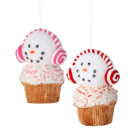 Viv! Christmas Weihnachtsanhänger - Süßigkeiten Schneemann Cupcake mit Ohrenschützern - Set von 2 - rot rosa weiß - 18cm