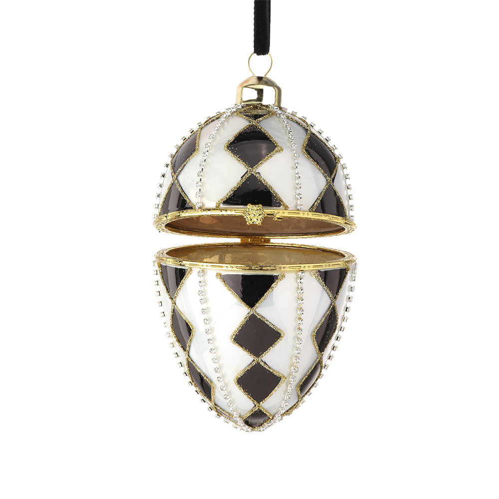 Viv! Christmas Ornament - Harlequin Fabergé Egg Jewelry Box - Glass - Black White Gold - 13cm