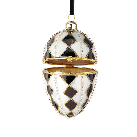 Viv! Christmas Weihnachtsanhänger - Harlekin Fabergé-Ei Schmuckschatulle - Schwarz Weiß Gold - Glas - 13 cm
