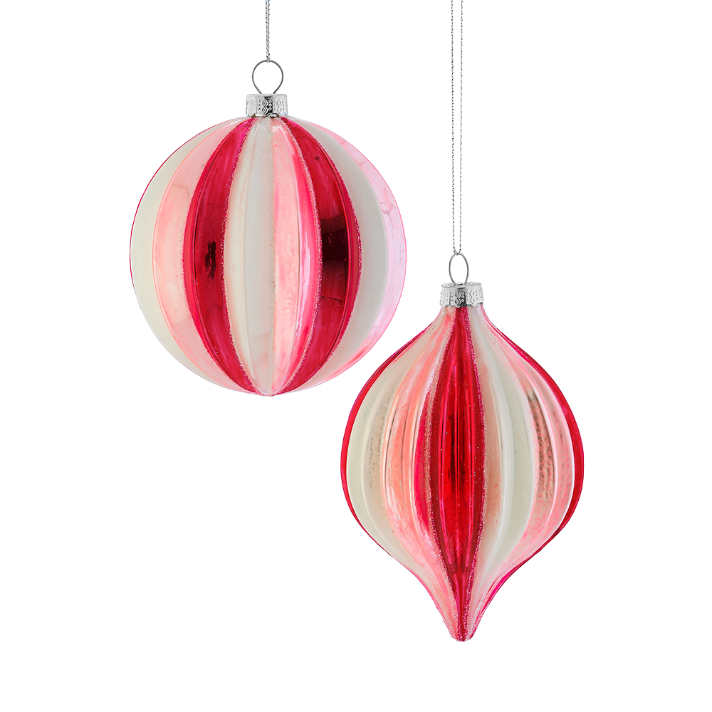 Viv! Christmas Bauble - Ribbed Stripes - set of 2 - glass - pink red white - 10 and 11.5cm